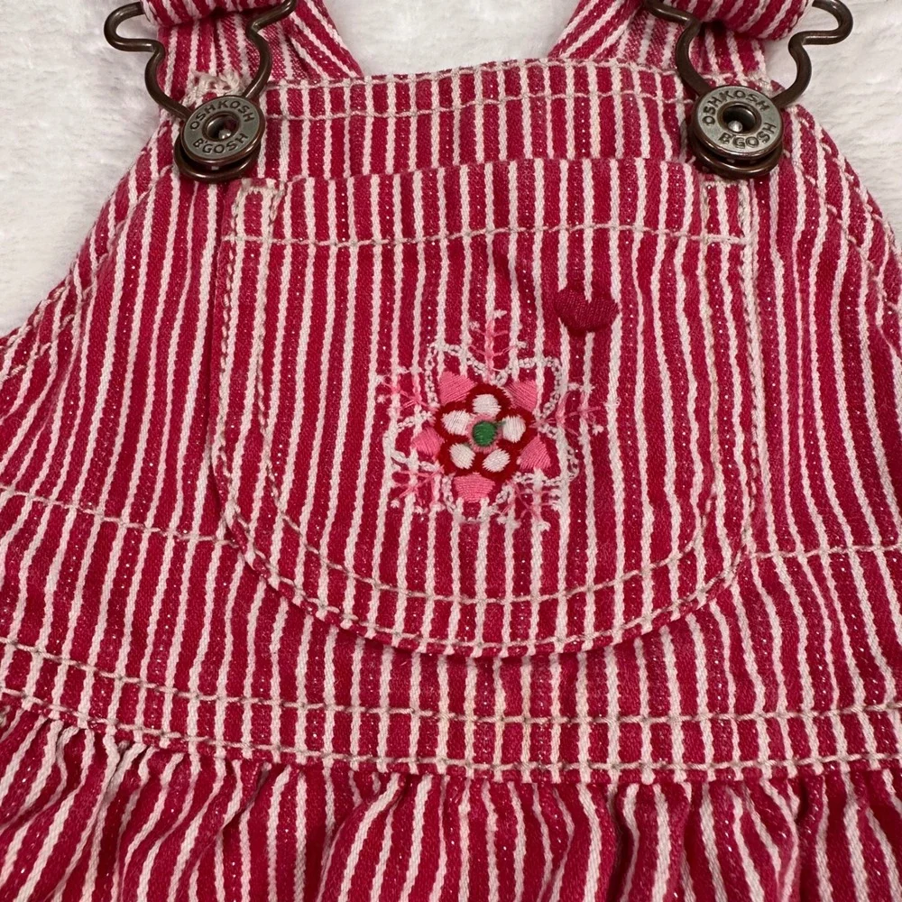 OshKosh B'gosh Overall Denim Dress 3M Red‎ White Stripe Embroidered Vest back